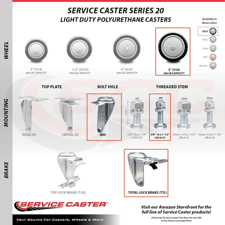 Service Caster 5 Inch Black Polyurethane Swivel 3/8 Inch Stem Caster Set with Total Lock Brake SCC-TSTTL20S514-PPUB-BLK-381615-4